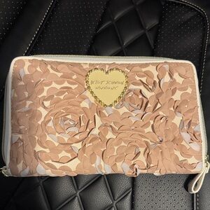 Betsey Johnson Pink Rose Petal Wristlet Clutch with Gold Heart Logo